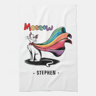 Super Cat Meeeow – Rainbow Cape Pride Cat Tea Towel