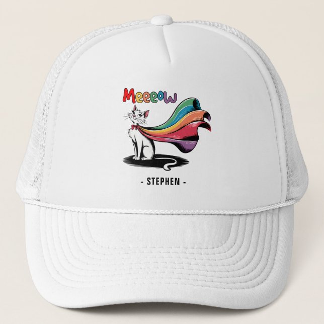 Super Cat Meeeow – Rainbow Cape Pride Cat Trucker Hat (Front)
