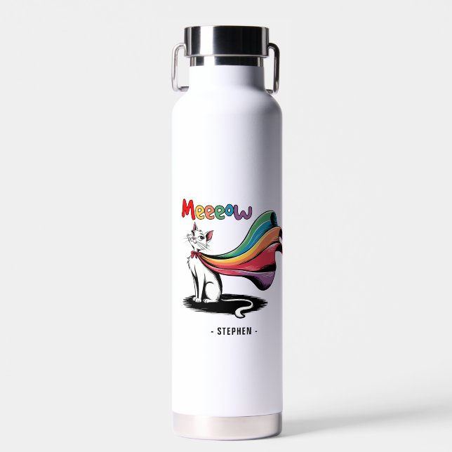 Super Cat Meeeow – Rainbow Cape Pride Cat Water Bottle (Front)