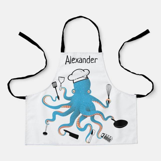 Super Chef Blue Octopus Personalise Apron (Front)