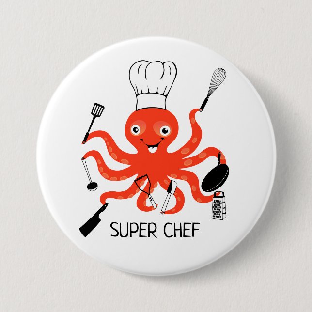 Super Chef Orange Octopus with Kitchen Gadgets 7.5 Cm Round Badge (Front)
