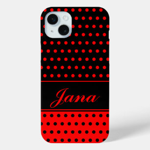 Super Chic Red And Black Polka Dots, Custom Name iPhone 15 Mini Case