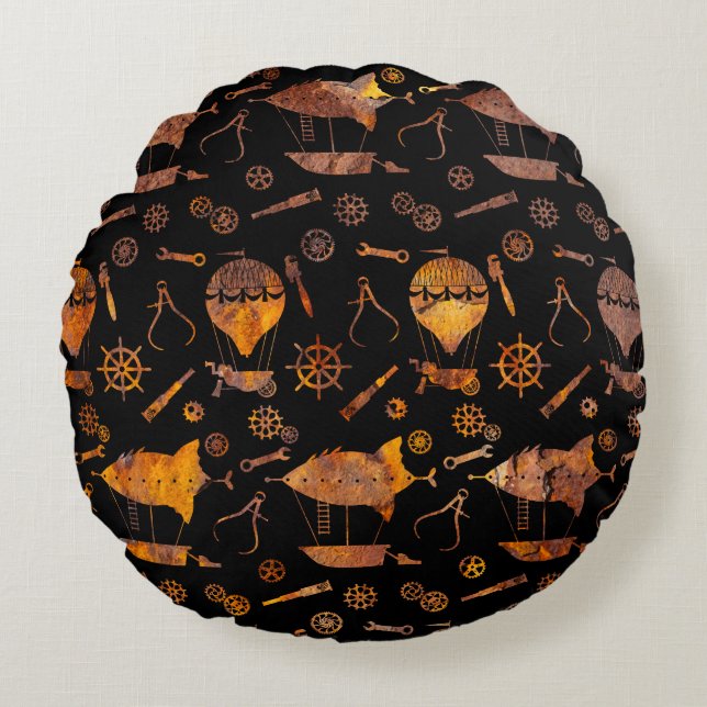 Super Colourful Rust Steampunk Airships Theme Round Cushion (Front)