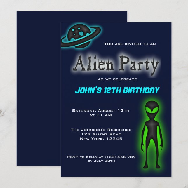 Super Cool Alien Birthday Party Invite (Front/Back)
