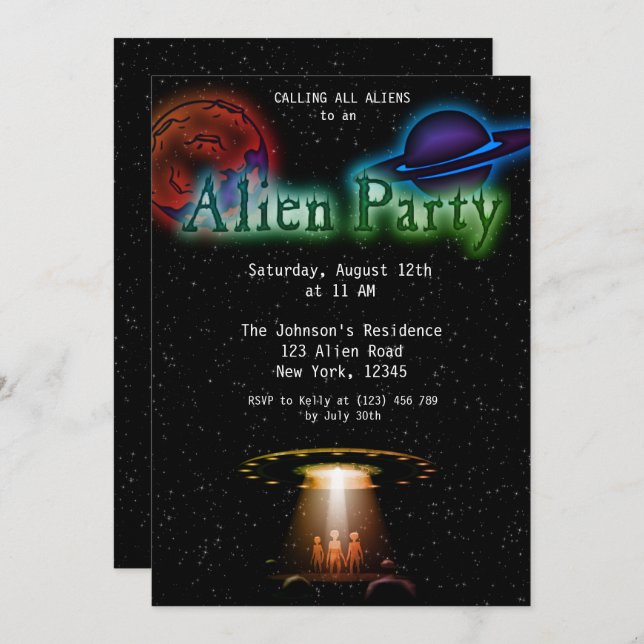 Super Cool Alien & UFO Party Invite (Front/Back)