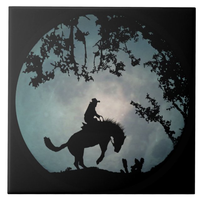 Super Cool Bucking Horse and Moon Ceramic Tile (Front)