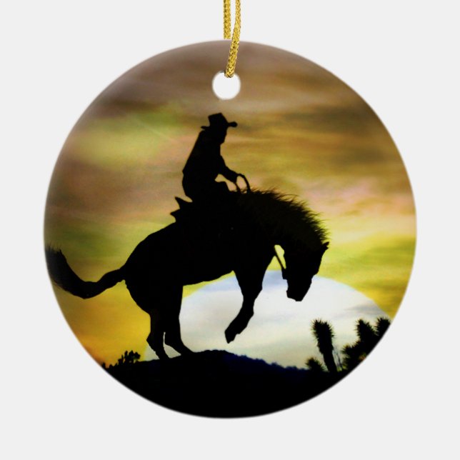 Super Cool Bucking Horse Cowboy Ceramic Ornament (Front)