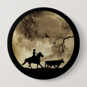 Super cool cowboy and horse in a full moon 10 cm round badge