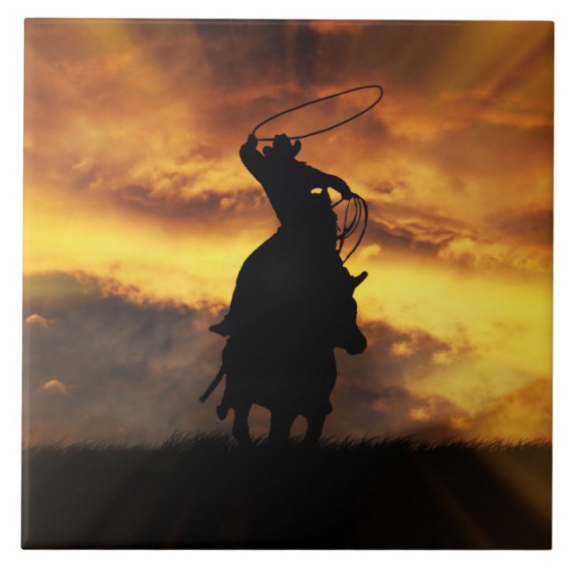 Super Cool Cowboy Steer Roping with Sunset Ceramic Tile (Front)