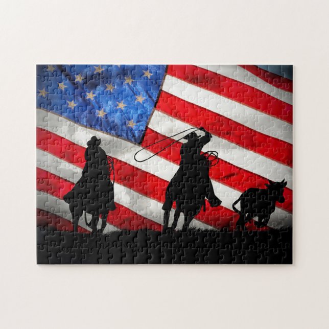 Super Cool Cowboys Roping Steer and Flag Jigsaw Puzzle (Horizontal)