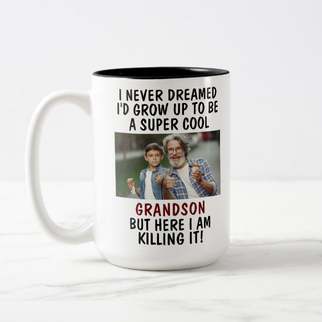 Super Cool Grandson Killing It With Custom 2 Photo Two-Tone Coffee Mug (Left)