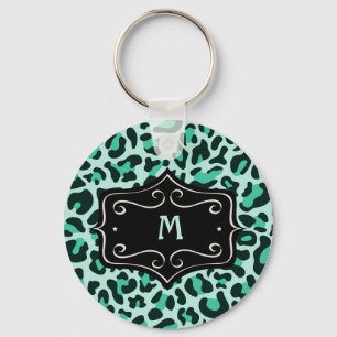 Super Cool Teal Aqua Blue Leopard Print Monogram Key Ring