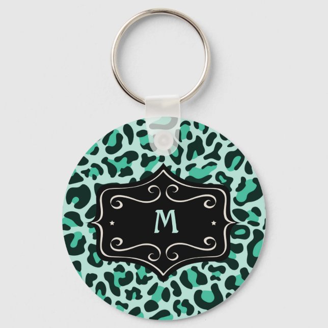 Super Cool Teal Aqua Blue Leopard Print Monogram   Key Ring (Front)