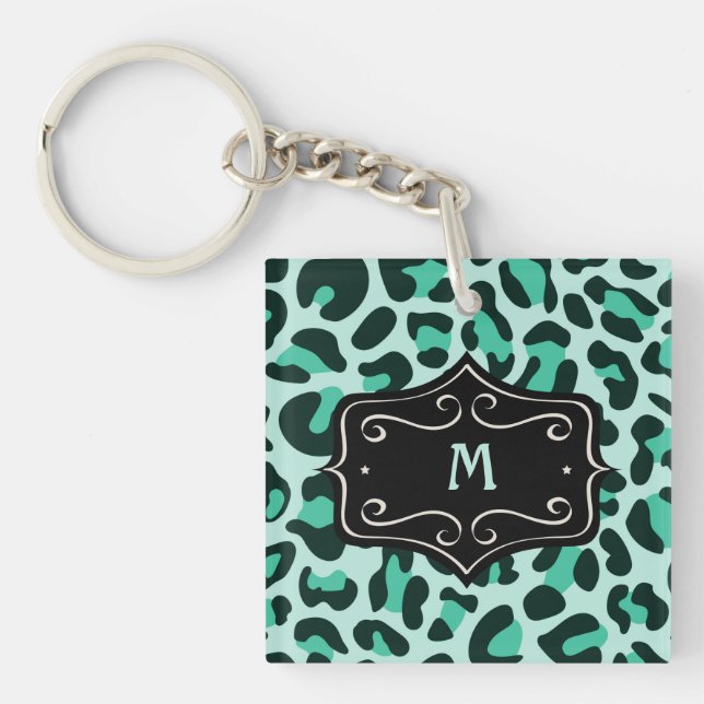 Super Cool Teal Aqua Blue Leopard Print Monogram  Key Ring (Front)
