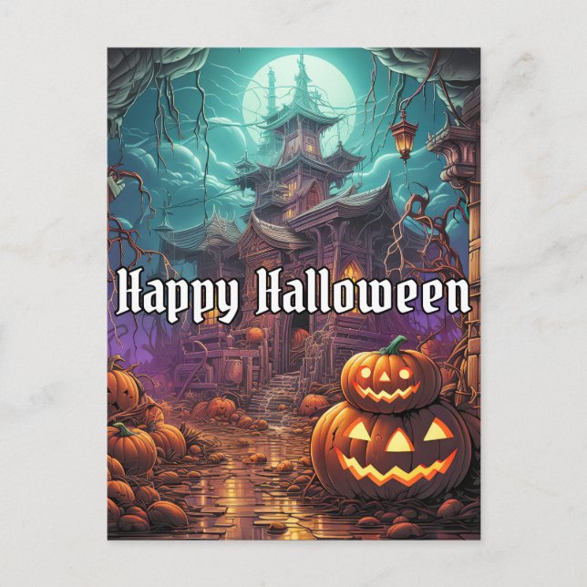 Super Creepy Happy Halloween Haunted House Postcard (Front)