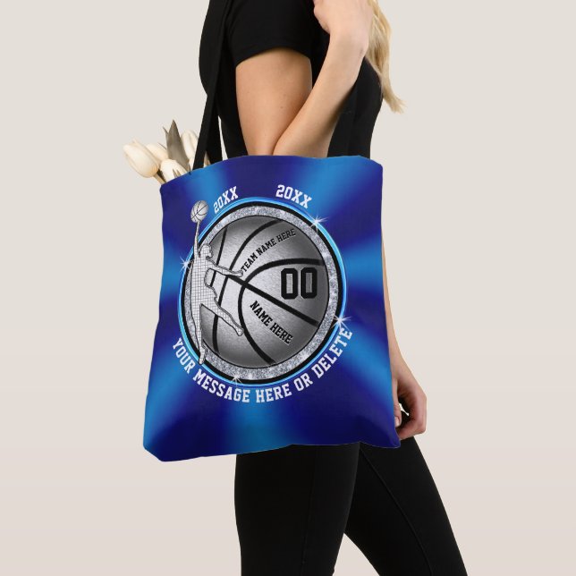 Super Cute Blue and Silver Basketball Tote Bag (Close Up)