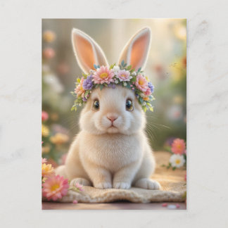 Super cute bunny with a flower wreath on its head  postcard