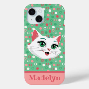 Super Cute Cartoon Cat Pink & Mint Green iPhone 15 Case