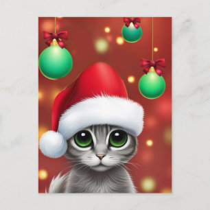 Super Cute Christmas Grey Kitty Holiday Postcard