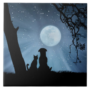Super cute Dog and Cat with Moon Art Ceramic Tile