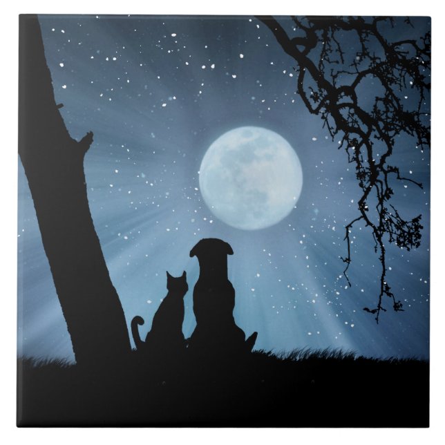 Super cute Dog and Cat with Moon Art Ceramic Tile (Front)