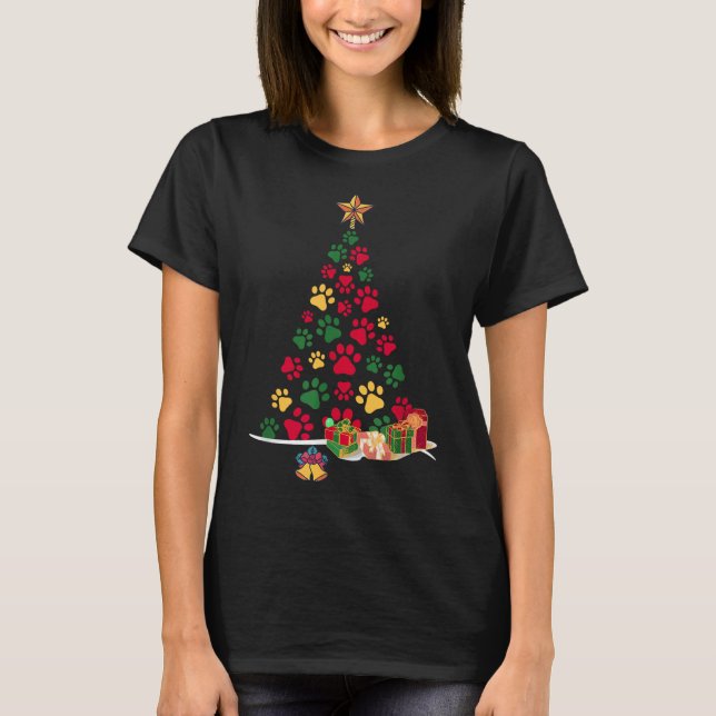 Super Cute Dog Paws Print Christmas Tree  T-Shirt (Front)
