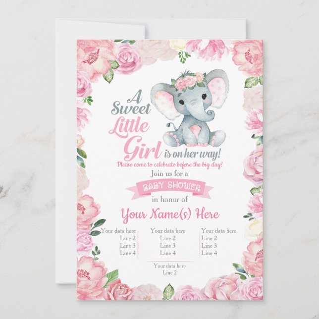Super Cute Elephant Girl Invitation, Floral Card (Front)
