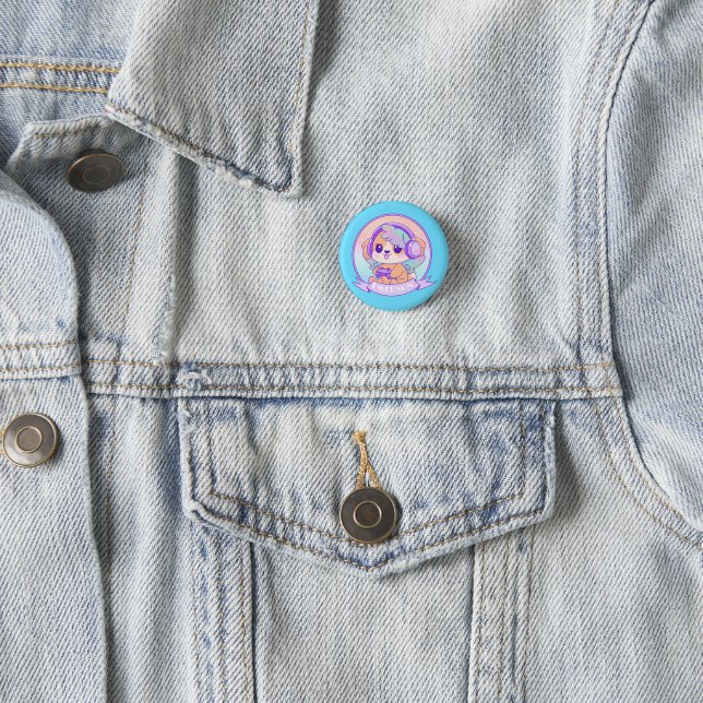 Super Cute Gamer Girl Kawaii Chibi Dog Baby Blue 3 Cm Round Badge (In Situ)