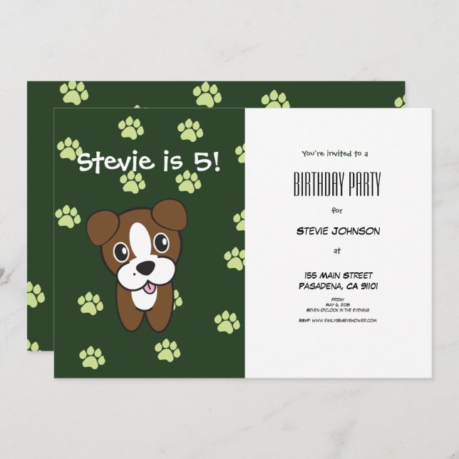 Super Cute Green Boxer Puppy Birthday Invitation (Front/Back)