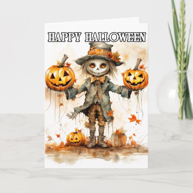 Super Cute Halloween Scarecrow Illustration Card (Front)