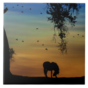 Super Cute Horse and Oak Tree with Birds Ceramic Tile