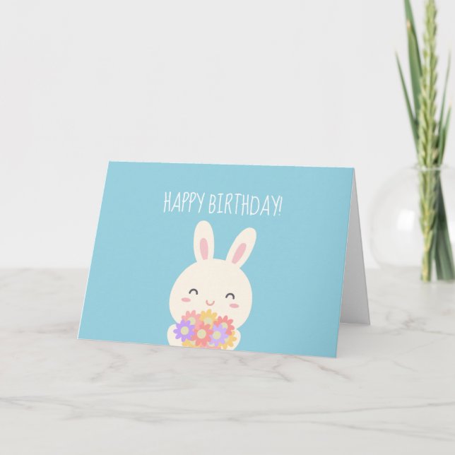 Super Cute Kawaii Bunny & Flowers Happy Birthday Card (Front)