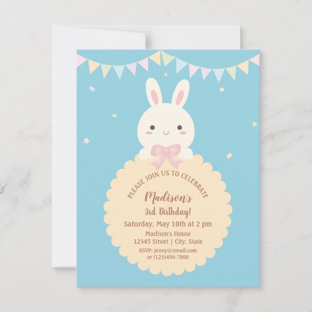 Super Cute Kawaii Rabbit Baby Blue Kids Birthday Invitation (Front)