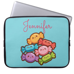 Super cute kawaii rainbow lollipop monogram blue laptop sleeve