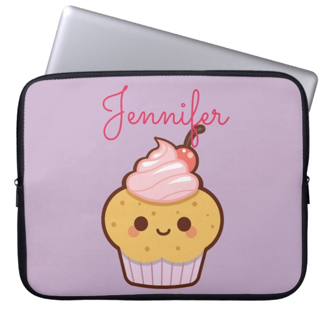 Super cute kawaii sweet cupcake monogram purple laptop sleeve (Front)