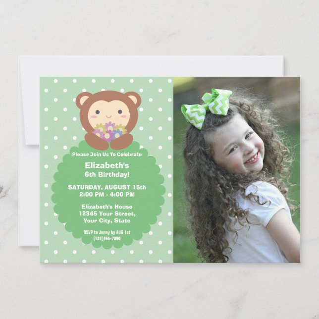 Super Cute Monkey and Flowers Kids Birthday Photo Invitation (Front)