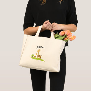 Super Cute Mum & Baby Giraffe Green & Yellow Mini Tote Bag