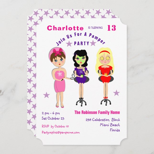 Super Cute Pamper Party Girls  Birthday Invites (Front/Back)