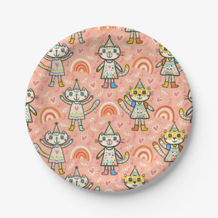 Super cute party kitten girls in happy colours paper plate