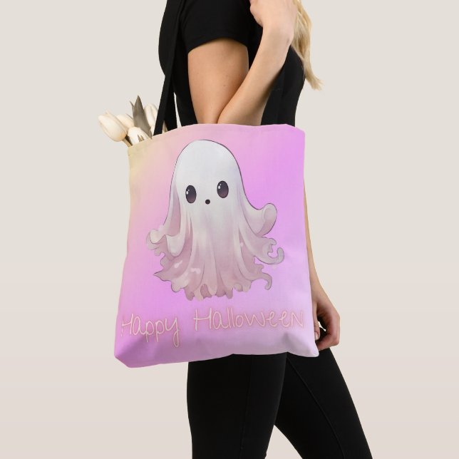 Super Cute Pink Ghost Happy Halloween Tote Bag (Close Up)