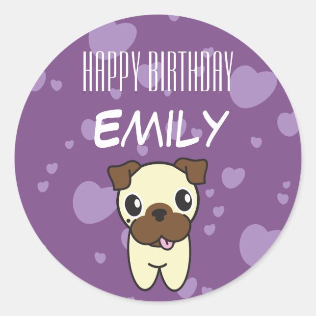 Super Cute Pug Purple Heart Design Classic Round Sticker (Front)