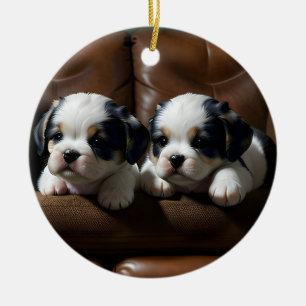Super Cute Puppies on the Couch 1 Ceramic Ornament