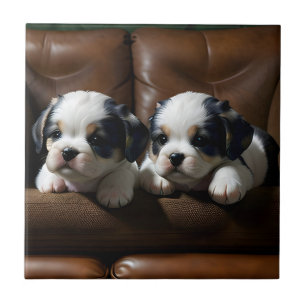 Super Cute Puppies on the Couch 1 Ceramic Tile