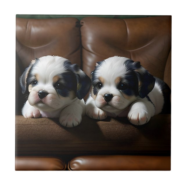 Super Cute Puppies on the Couch 1 Ceramic Tile (Front)