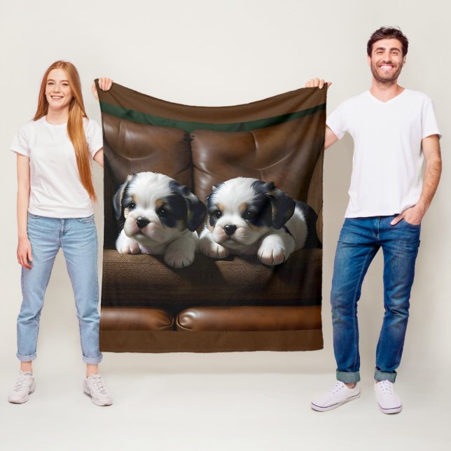 Super Cute Puppies on the Couch 1 Fleece Blanket (In Situ)