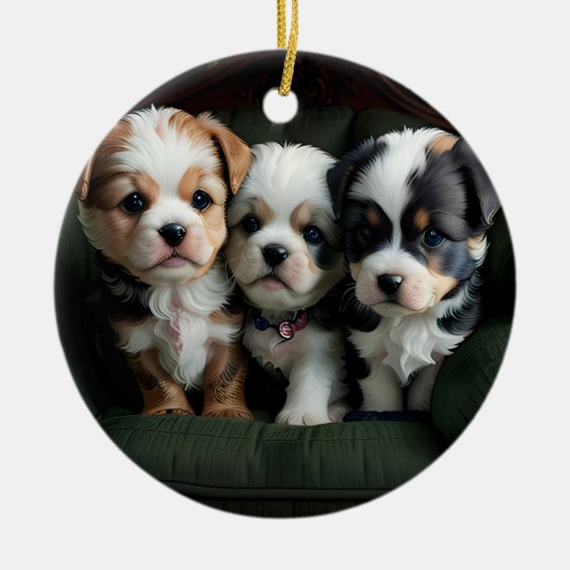 Super Cute Puppies on the Couch 2 Ceramic Ornament (Front)