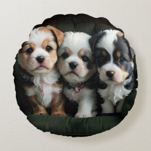 Super Cute Puppies on the Couch 2 Round Cushion
