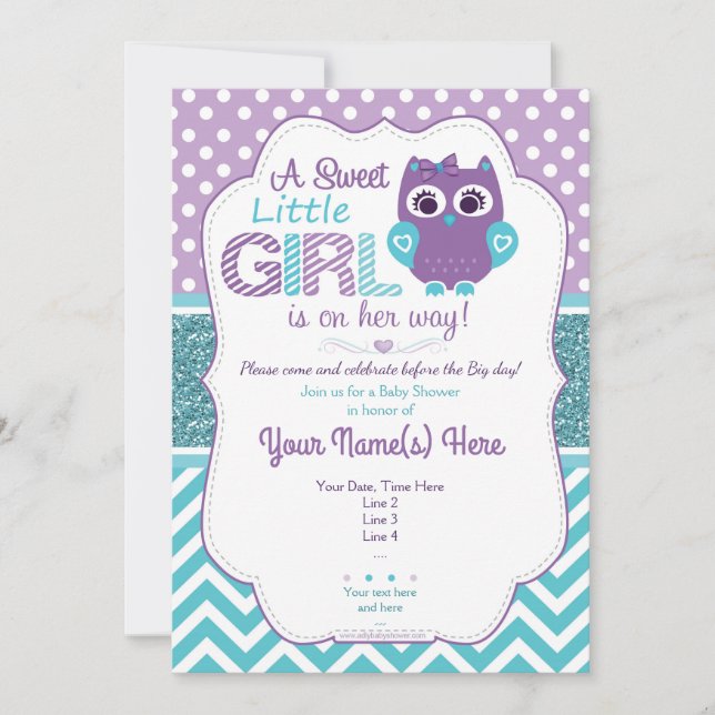 Super Cute Purple Teal Owl Invitation Baby Shower (Front)