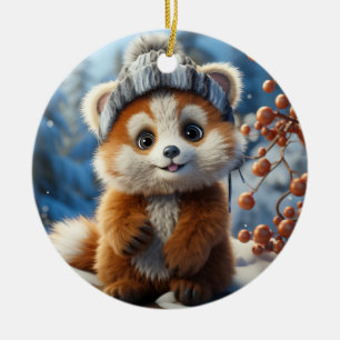 Super cute Red Panda with a fluffy hat Ceramic Ornament