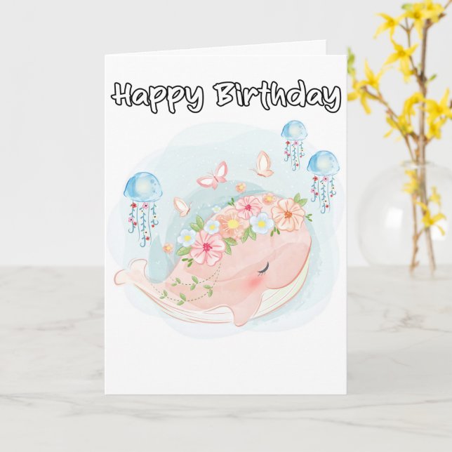 Super Cute Swimming Whale Birthday Card (Yellow Flower)
